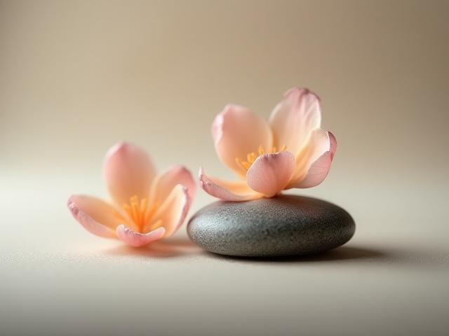 花びらと研磨された天然石のクローズアップ