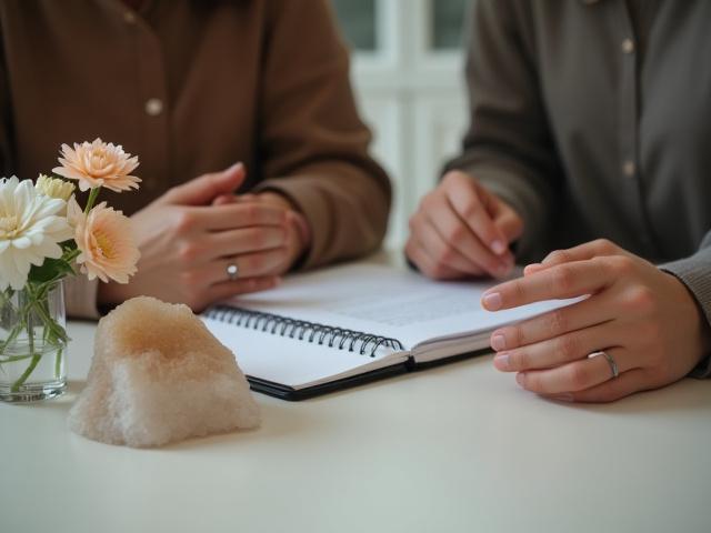 テーブルに置かれた花と水晶の隣で、ノートに書き込みながら親身に説明する専門家。穏やかな会話の様子。