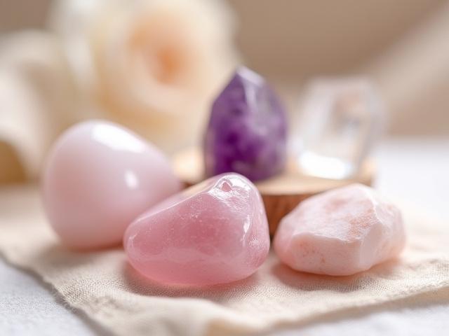 美しく研磨された様々な天然石のクローズアップ。ローズクォーツ、アメジスト、水晶などが木の台座に置かれ、温かい光に照らされています。